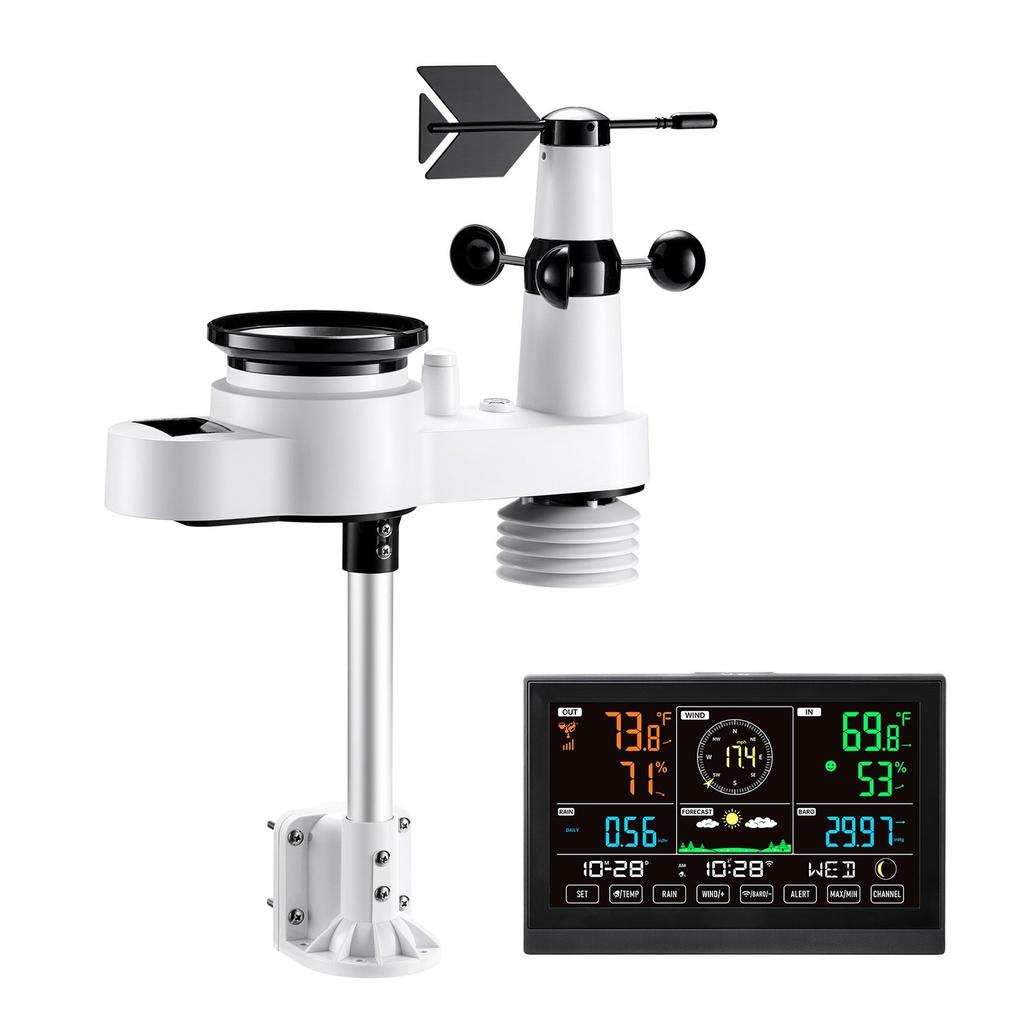 5-in-1 Wi-Fi Weather Station, 190.5 mm VA Display, Wireless Solar Powered Outdoor Sensor, Rain Gauge, Indoor Outdoor for Weather Forecast, Wind Speed