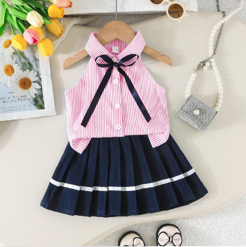 Mädchenmode-Set: Sommer Preppy-Style Gestreiftes Oberteil + Faltenrock Zweiteiliges Set