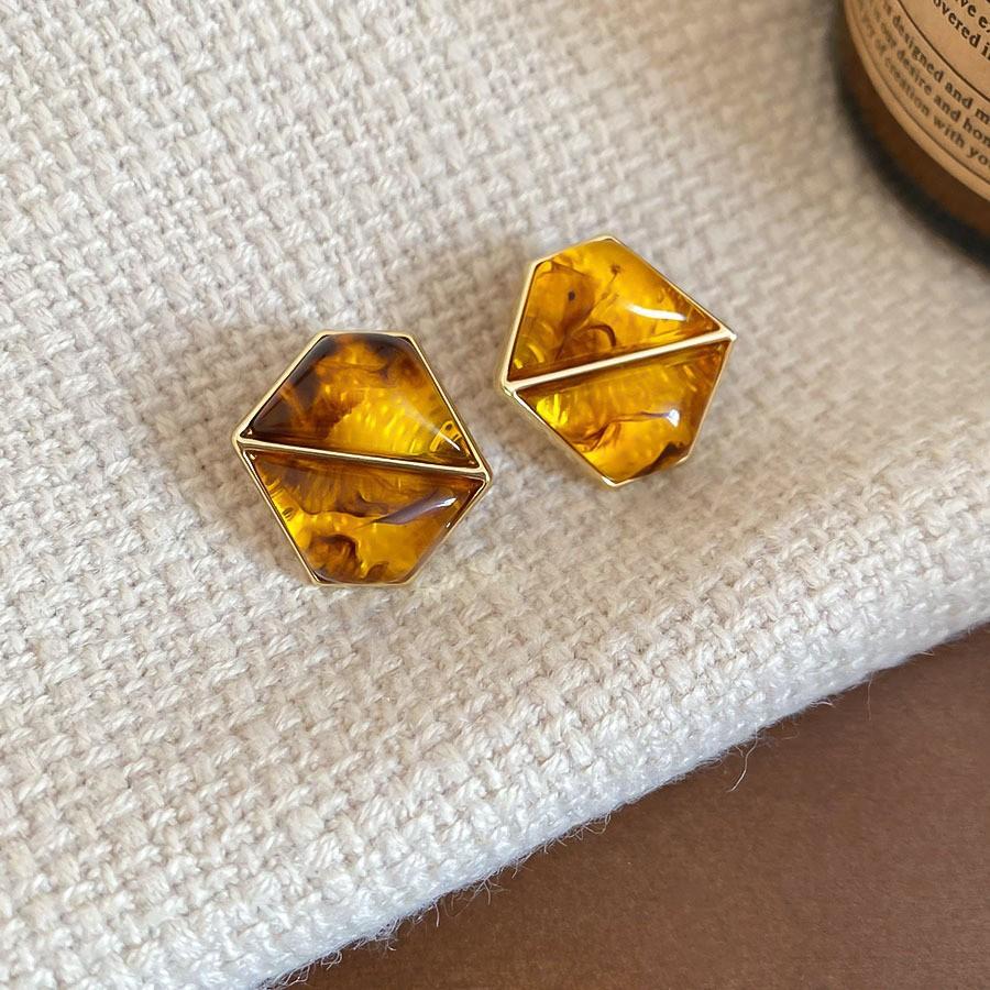 Silver Needle Retro Resin Geometric Round Oval Pendant Earrings Maillard Style Stud Earrings Niche Design Earrings Women