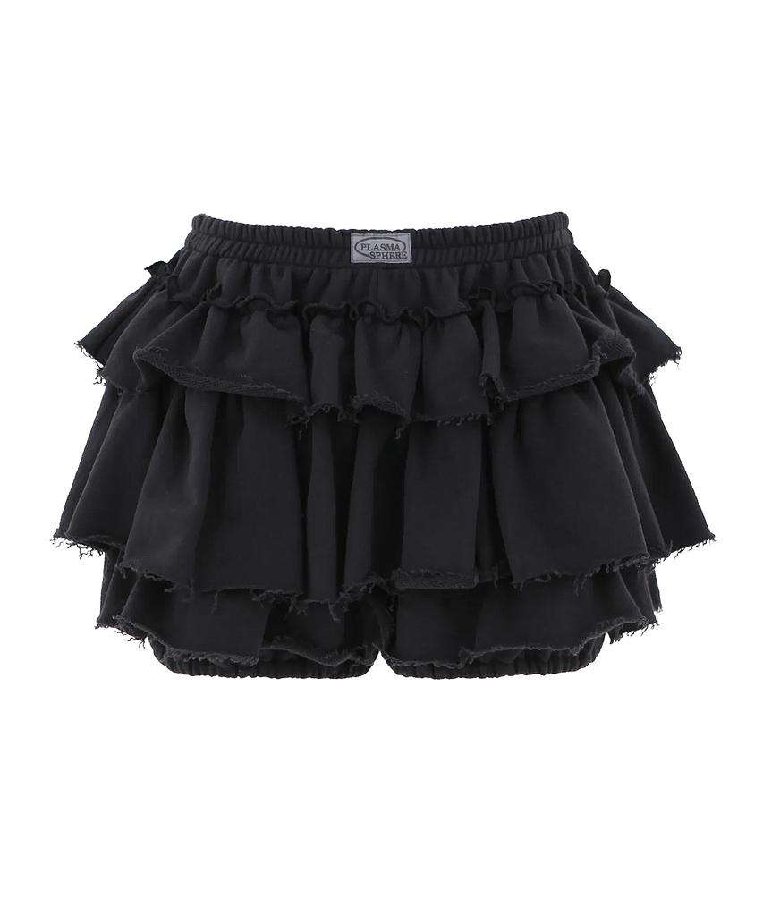 PLASMA SPHERE Tutu Tiered French Ferry Shirred Tiered Mini Skirt Pants_Black