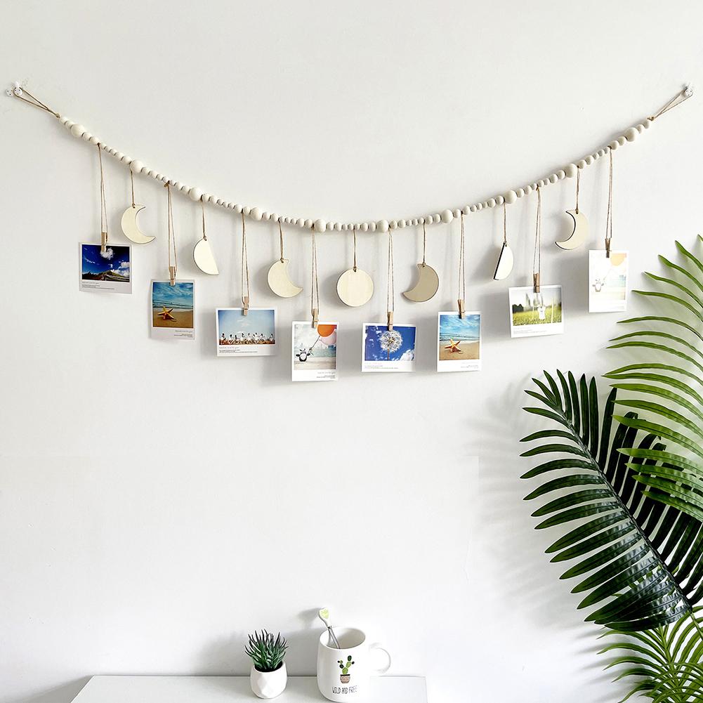 130cm Photo Garland With Wooden Beads Moon Tags 3 Sizes Wall Mounted Photo Clip String For Bedroom Office Dorm Party Decor