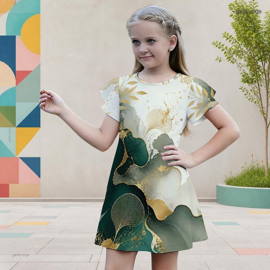 Girls Round Neck Flutter Sleeve A Line Flared Dress Blue Black Gold Printed