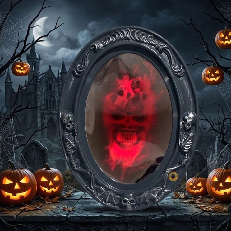 Event Room Halloween Mirror Decoration with Lighted Center, Detailed Frame, and Hanging Display for Shelf Styling Indoors