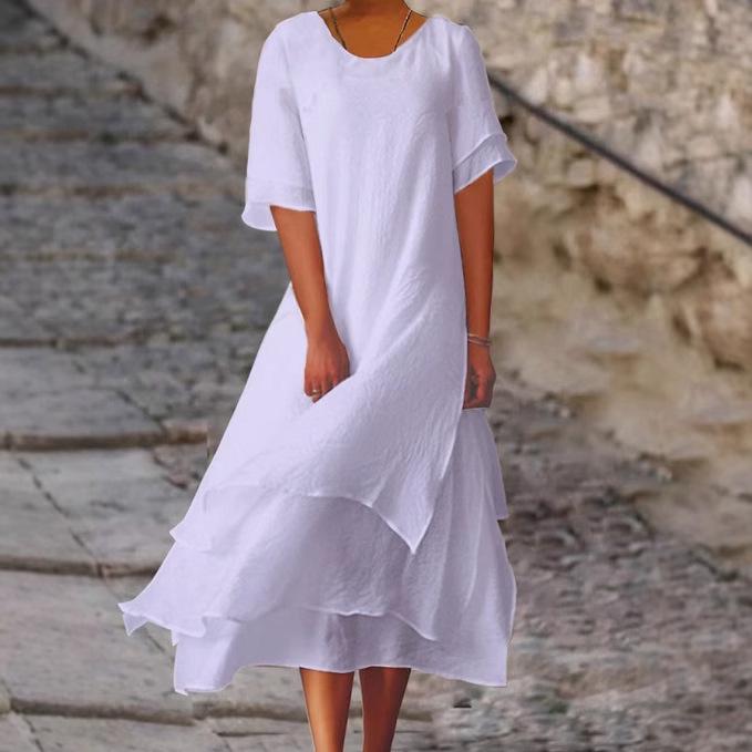 Color Block Round Neck Cotton-Linen Short Sleeve Dress