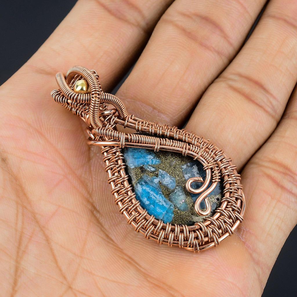 Copper Neon Apatite Pendant Gemstone Jewelry, 999 Copper Wire Wrapped Handmade Pendant, Latest Design Jewelry