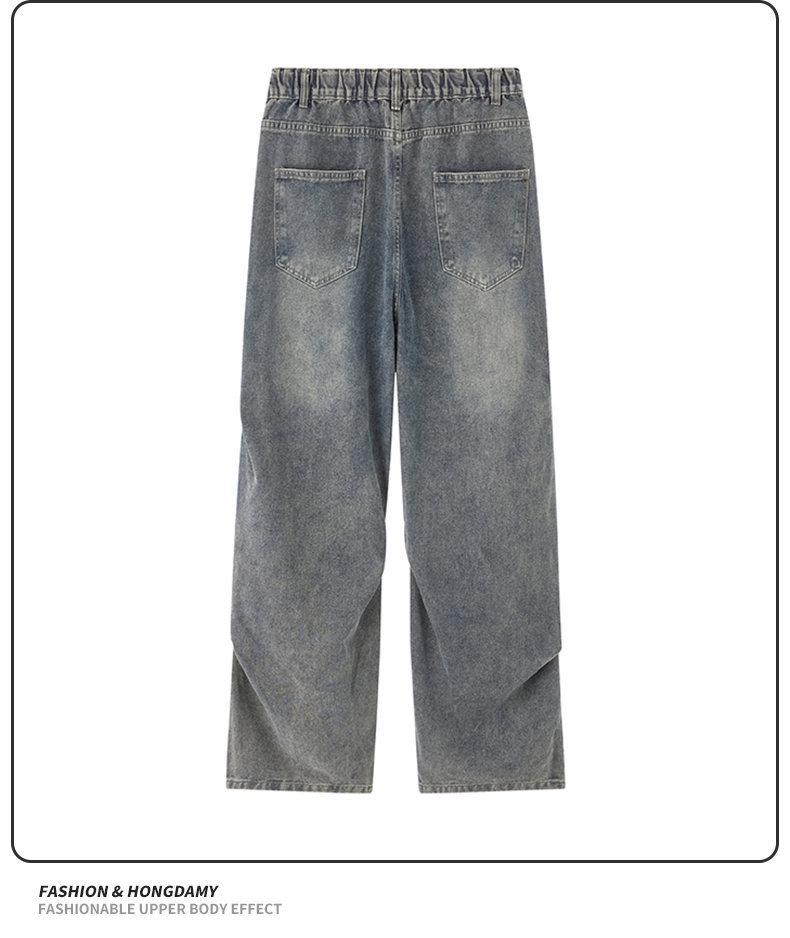 Yadu Unisex Retro Hong Kong Style Washed Denim Pants - Loose Straight Leg Casual Pants