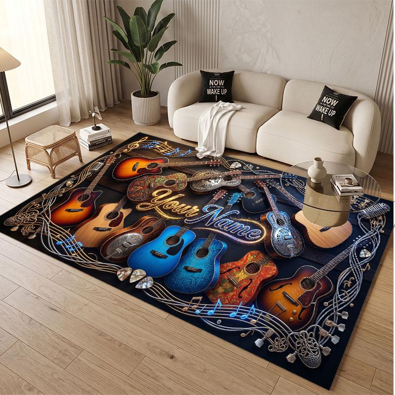 Tappeto Morbido in Velluto di Cristallo a Tema Chitarra Musicale Stampa Personalizzata con Nome e Testo Tappeto Antiscivolo per Camera da Letto Soggiorno