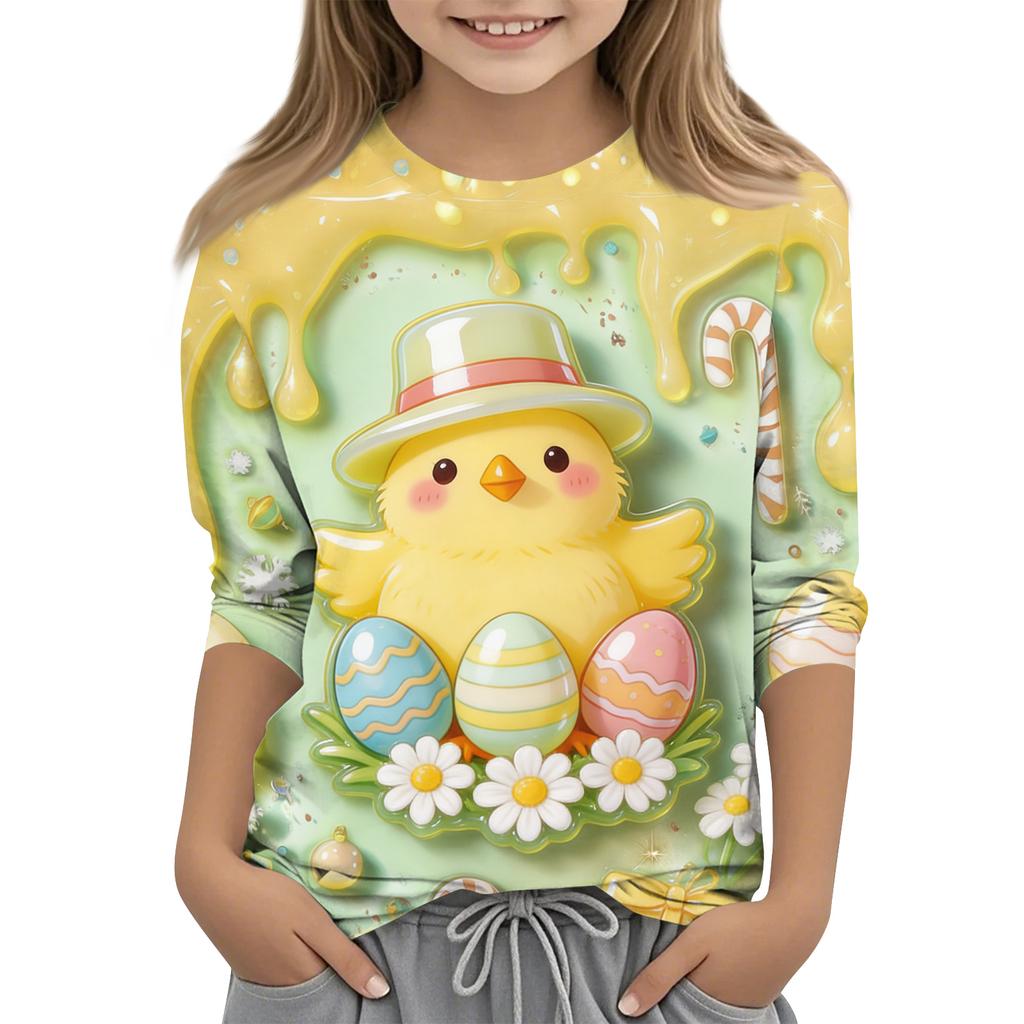 Children's Seven Quarter Sleeve Easter Print Round Neck Print Casual Top