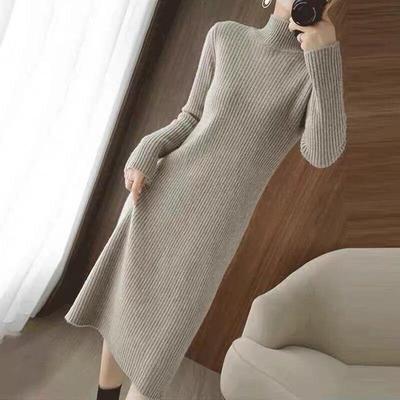 Herbst Winter Elegante Halb Kragen Dünne Lange Grundlegende Rippe Gestrickt Pullover Kleid für Frauen Casual Solide Kleider Vestidos