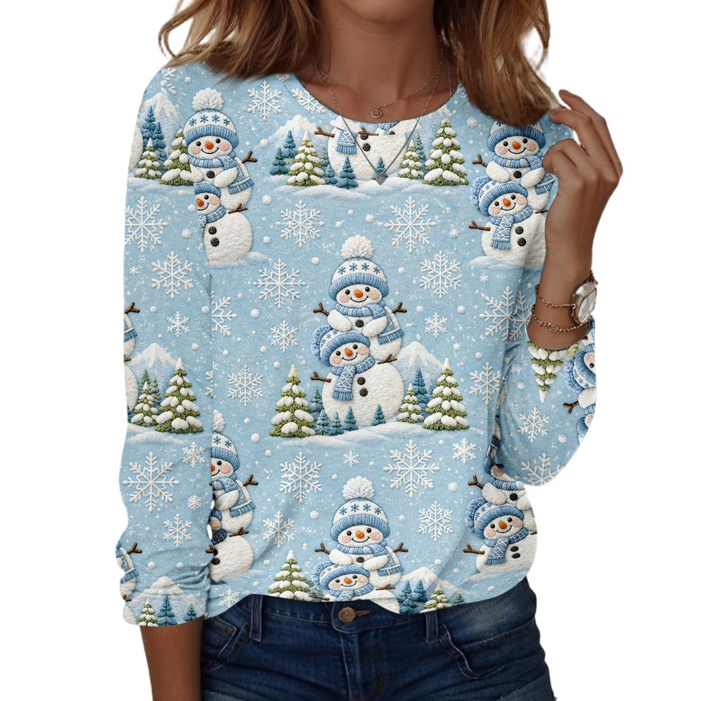 Women's Fashion Casual Long Sleeve Christmas Print Neck Top for Holiday