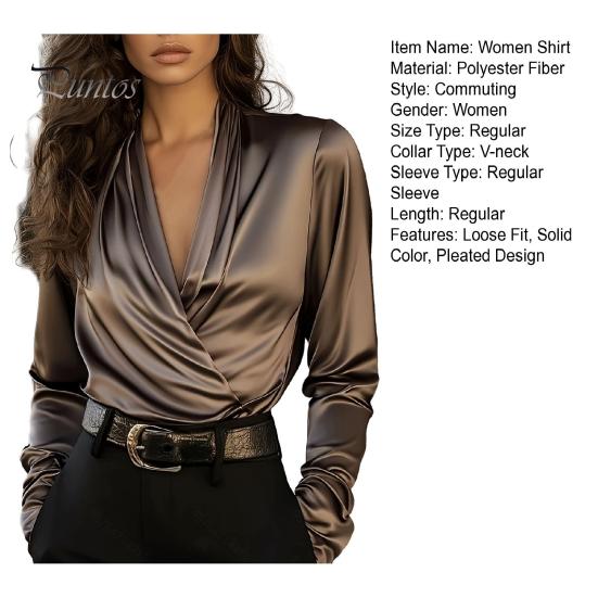 Everyday Luxury Blouse Women Shirt V-Neck Long Sleeve Pleated Design Pullover Tops Solid Smooth Fabric Color Relaxed Fit Three-Dimensional Pleats