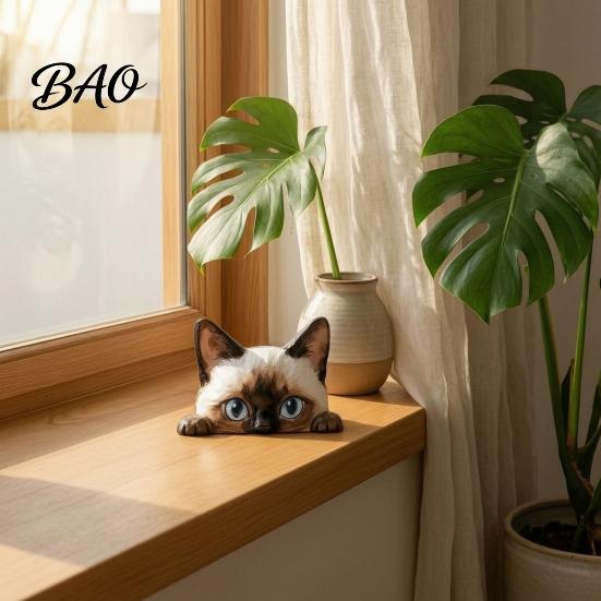 Healing Style Desktop Ornaments Cute Cat Shelf Sitter Ornament, Wooden Peeking Kitten Figurine, Playful Decor 2D Flat Decorative Statue for