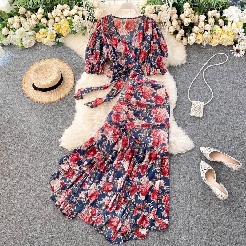 Vacation Two-Piece Set: Women's Tie-Up Chiffon Blouse & Mermaid Skirt