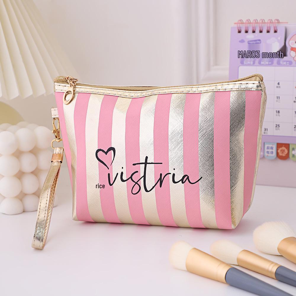 Gestreifte Wasserdichte PU-Leder Kulturtasche - Große Kapazität Handheld Sechseckige Make-up-Aufbewahrung für Damen