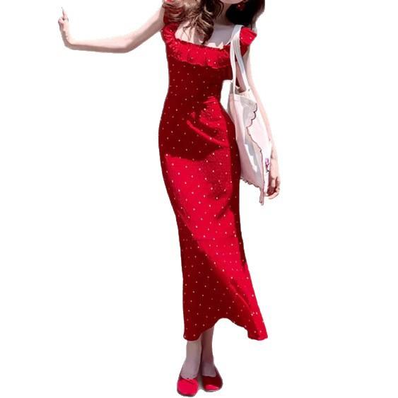 With inner, polka dot red suspender, small flying sleeve dress, women's summer new seaside vacation casual dress