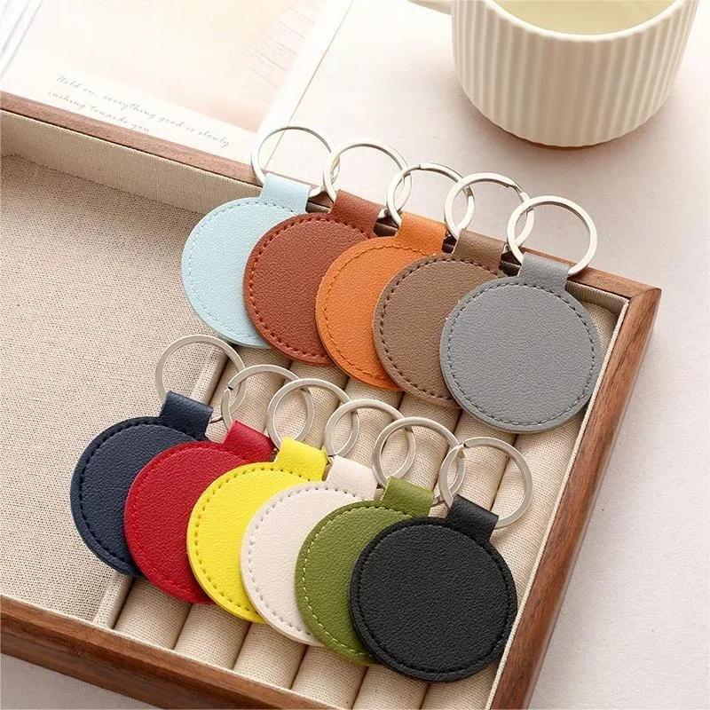 Laser Engrave Round PU Leather Keychain Custom Circle Key Chain Holder Company Activity Hotel Number Keyring Gift
