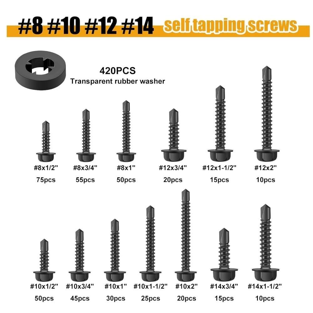 840pcs 410 Stainless Steel Self Drilling Screws Hex Washer Head Hex Nut Washer Kit  For Car