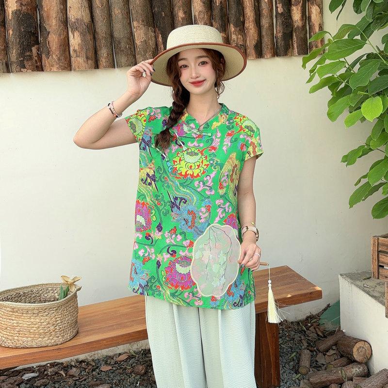 Summer Rayon Blend Cheongsam Short Sleeve Tshirts Frog Closure Tops Floral Print New Chinese Style Plus size Independent Design