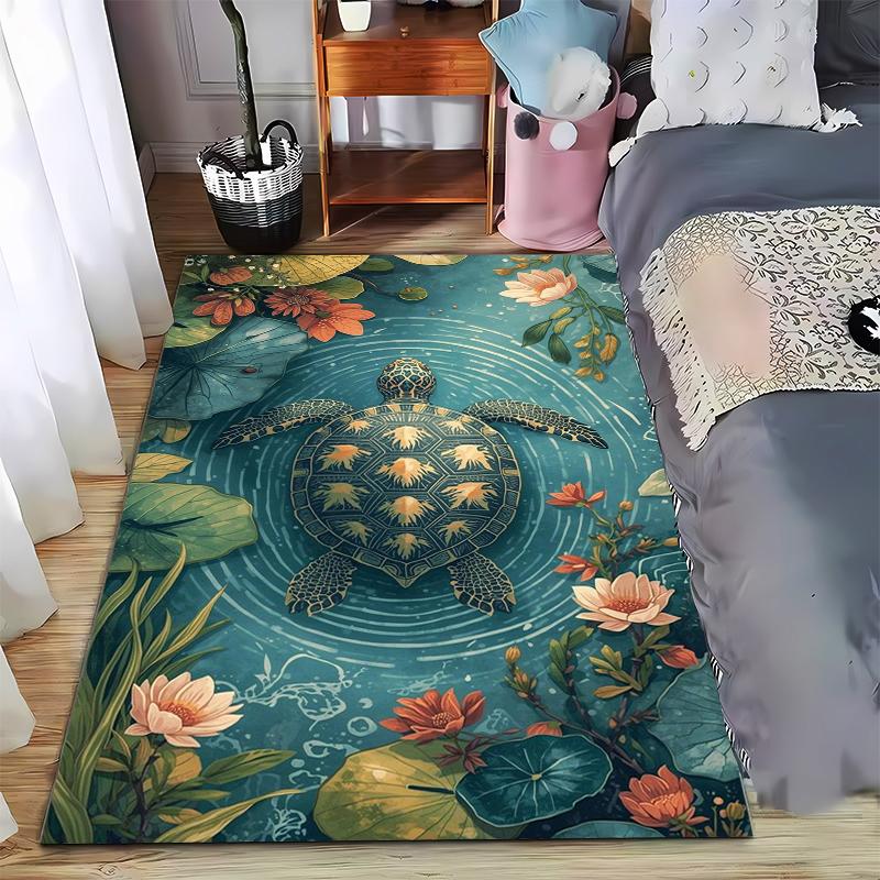 Illustrated Sea Turtle Lotus Pond Floral Watercolor Nature Art Area Rug Carpet for Living Room Bedroom Decor