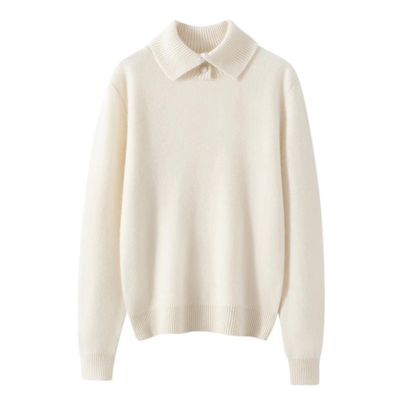 Women's Solid Color Cashmere Sweater: Lapel Buckle, Loose Fit, Thick Knit for Autumn/Winter 2026.