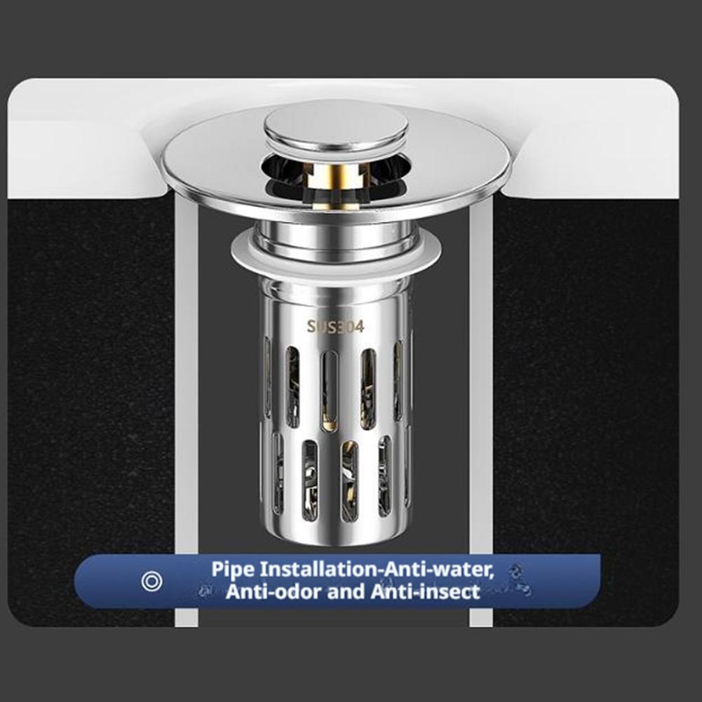 Basin Drain Plug Universal Rebound Chrome Sink Filter Easy Push Type Hair Catcher Basin Pop-Up Bathroom Sink Drain Stopper