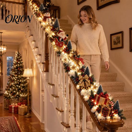 Holiday Entryway Stair Garland Santa Sleigh Railing Decor, Warm LED Lighted Snowy Banister Decoration, Pre-Lit Christmas White Lighting with