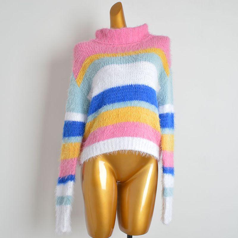 

and Winter Contrast Color Stripes Turtleneck Long Sleeves Knitting Sweaters Women s Clothing Idle Style Loose All-Matching Sweater Outerwear Top Picture color(Loose version) XS