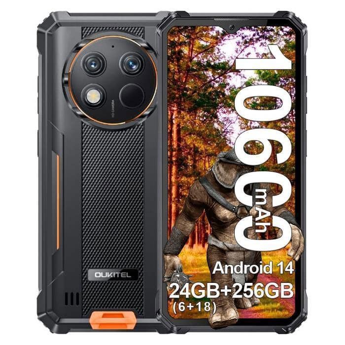 OUKITEL G1 Smartphone Robuste 24Go+256Go Écran 6.52" 10600mAh 48MP Caméra Telephone Incassable Dual SIM 4G /NFC/OTG/IP68 Orange