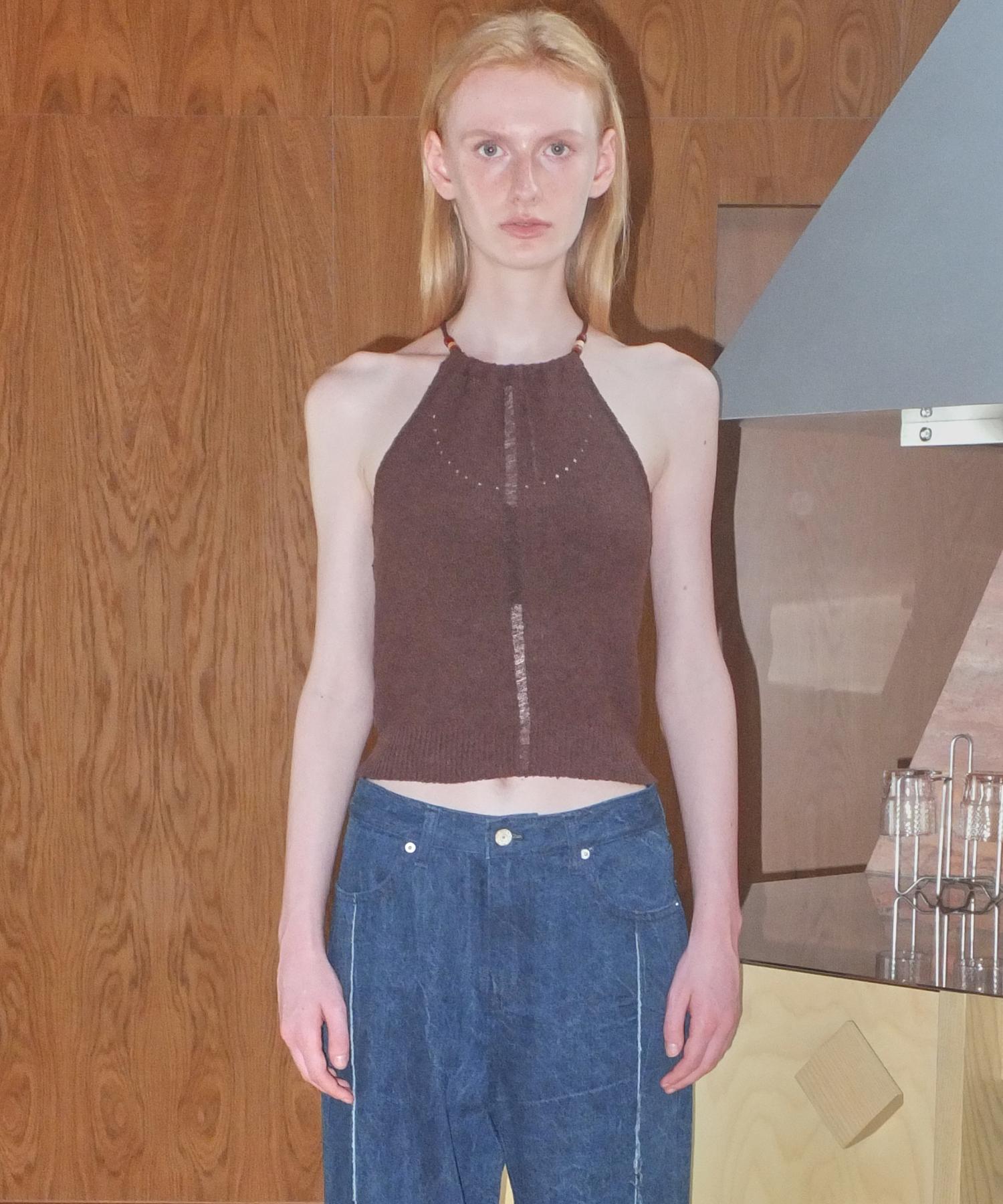 Enor Drawstring Halter Neck Top - Brown Brown/M