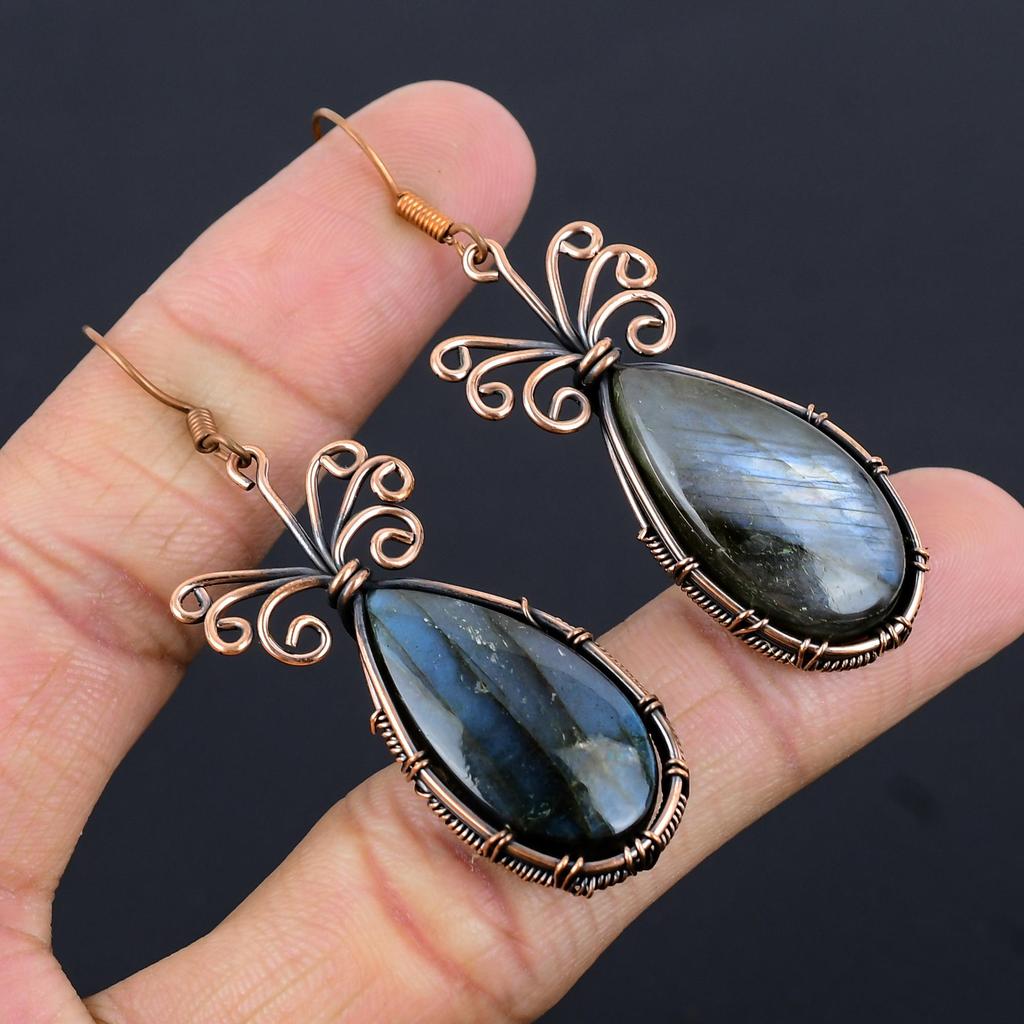 Labradorite 999 Copper Wire Wrapped Earrings, Handmade Gemstone Earrings Jewelry, Gifts For Wife Brand New Earrings