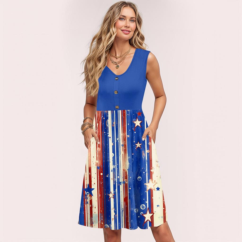 Damen Sommerkleider Ärmellos Lässig Locker Schwingend Knopfleiste Midi Sonnenkleid mit Taschen