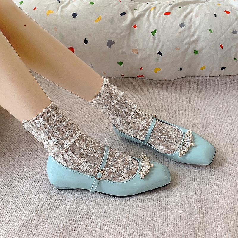Square Toe French Pearl One Buckle Strap Low Heel Mary Jane Women's Shoes with Skirt Light Mouth Soft Sole Single Shoes
