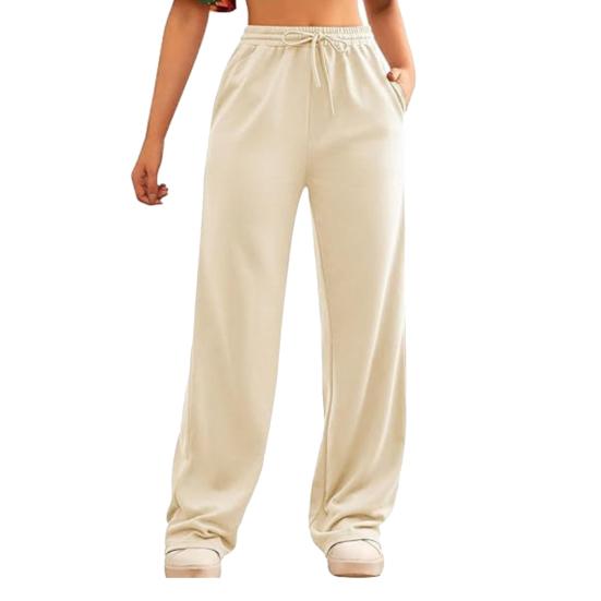 Women Wide Leg Pants Elastic High Waist Adjustable Drawstring Pure Color Long Sweatpants with Pockets Casual Lounge Pants Daily Wear
