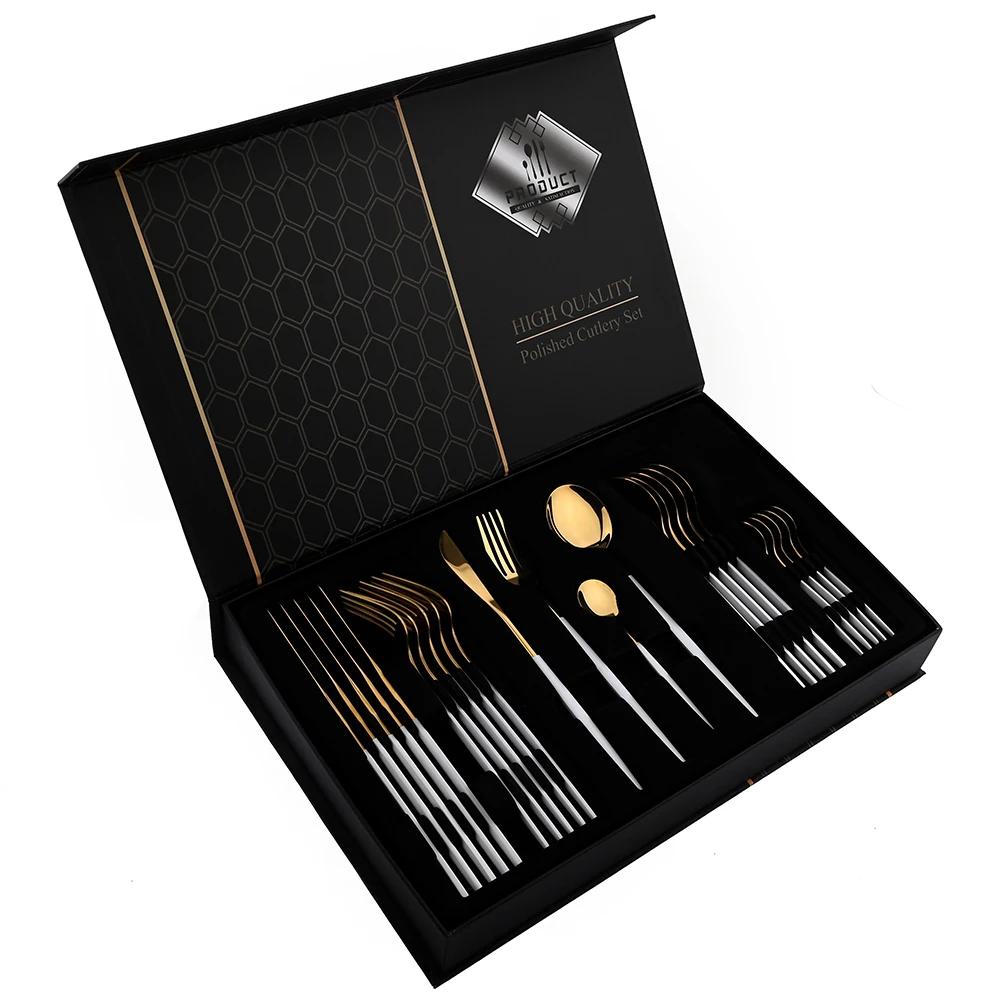 24Pcs Tableware Sets Stainless Steel Cutlery Spoon Fork Knife Mirror Dinnerware Kitchen Western Silverware Gift Box Set Flatware