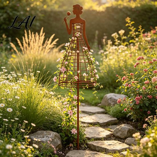Decorative Garden Stake for Plants Vintage Metal Lady Trellis Iron Girl Shaped Plant Support Stake Outdoor Artistic Sculpture Climbing Flower