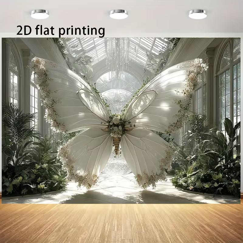 

2D Greenhouse Butterfly Photography Background, Luxurious White Butterfly & Flower Backdrop Cloth for Studio 47.2x31.5inch/120*80cm