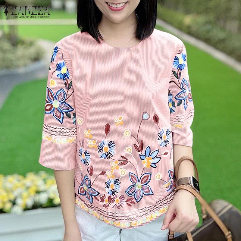ZANZEA Women Casual Round Neck 3/4 Sleeve Floral Print Stripe Blouse