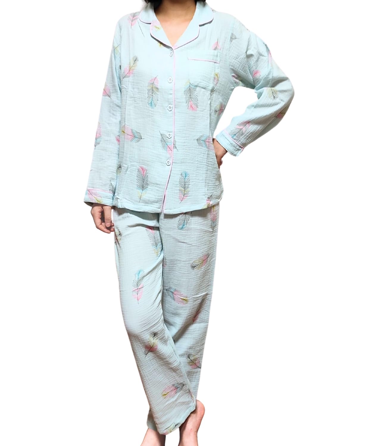 

Cotton Double Gauze Pajamas for Long Top and Bottom Front Sweat Gentle on the Skin [MowaLef] 100% Women, Sleeves, Set, Spring, Summer, Autumn, синій