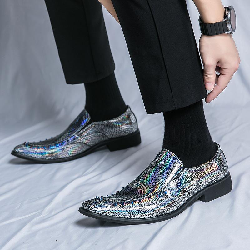 Men's Shoes Fashion Chelsea Snake Pattern Pointed Leather Shoes Trend Versatile Couple Small Leather Shoes Night Club Leather Boots