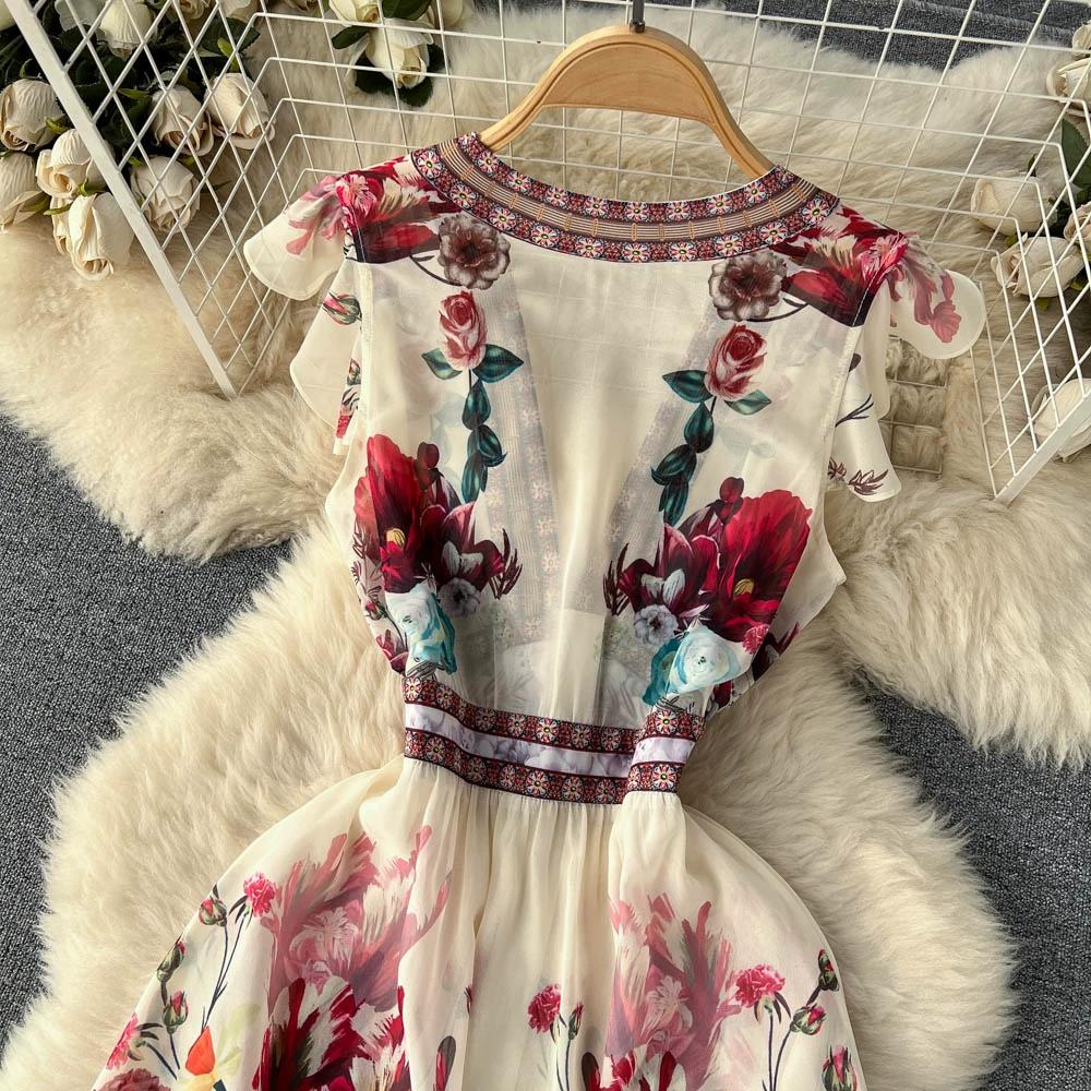 Summer Sweet Ethnic Style Retro Deep V-neck Wooden Ear Edge Sleeveless Printed Dress Women Cake Fairy Long Dress