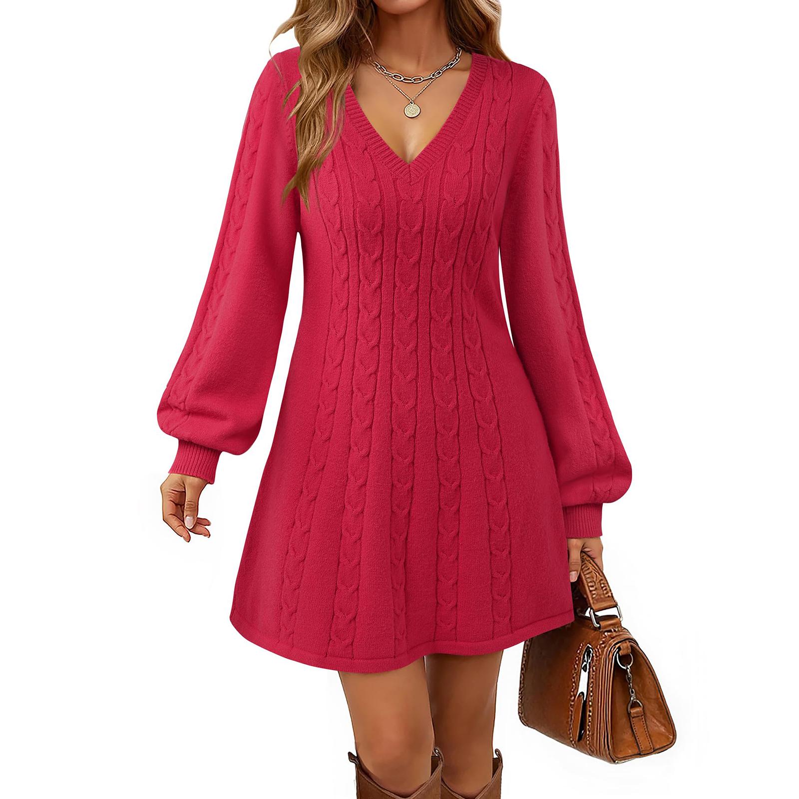 

Women s V-neck Long-sleeved Knitted Dress For Fall And Winter, Solid Color Twisted Sweater Dress XL горячий розовый