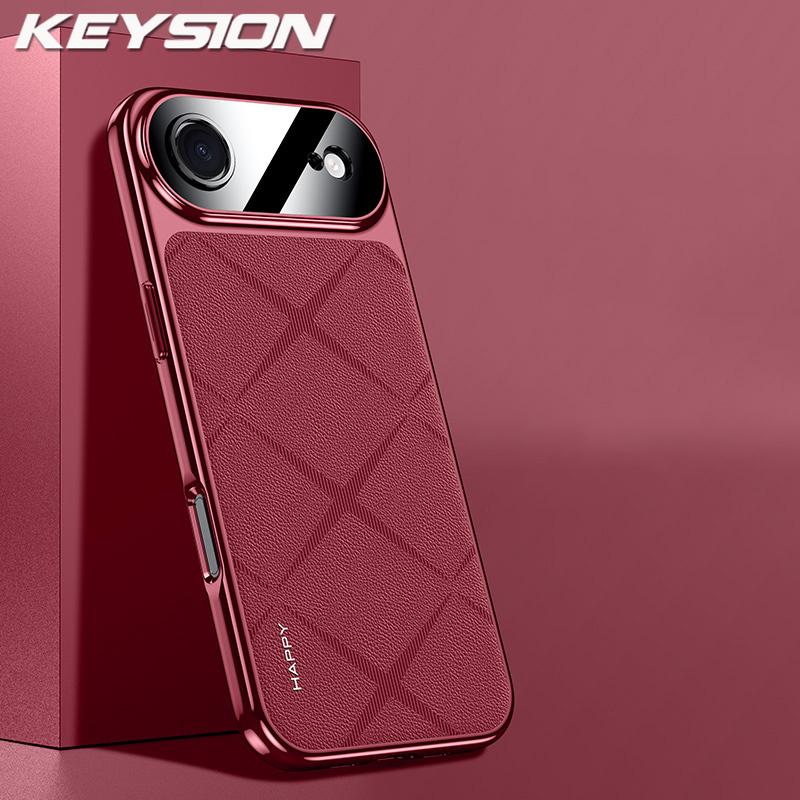 KEYSION Luxury Grid Pattern PU Leather Case for iPhone 17 Pro Max Plating TPU Camera Protection Phone Cover for iPhone 17 Air