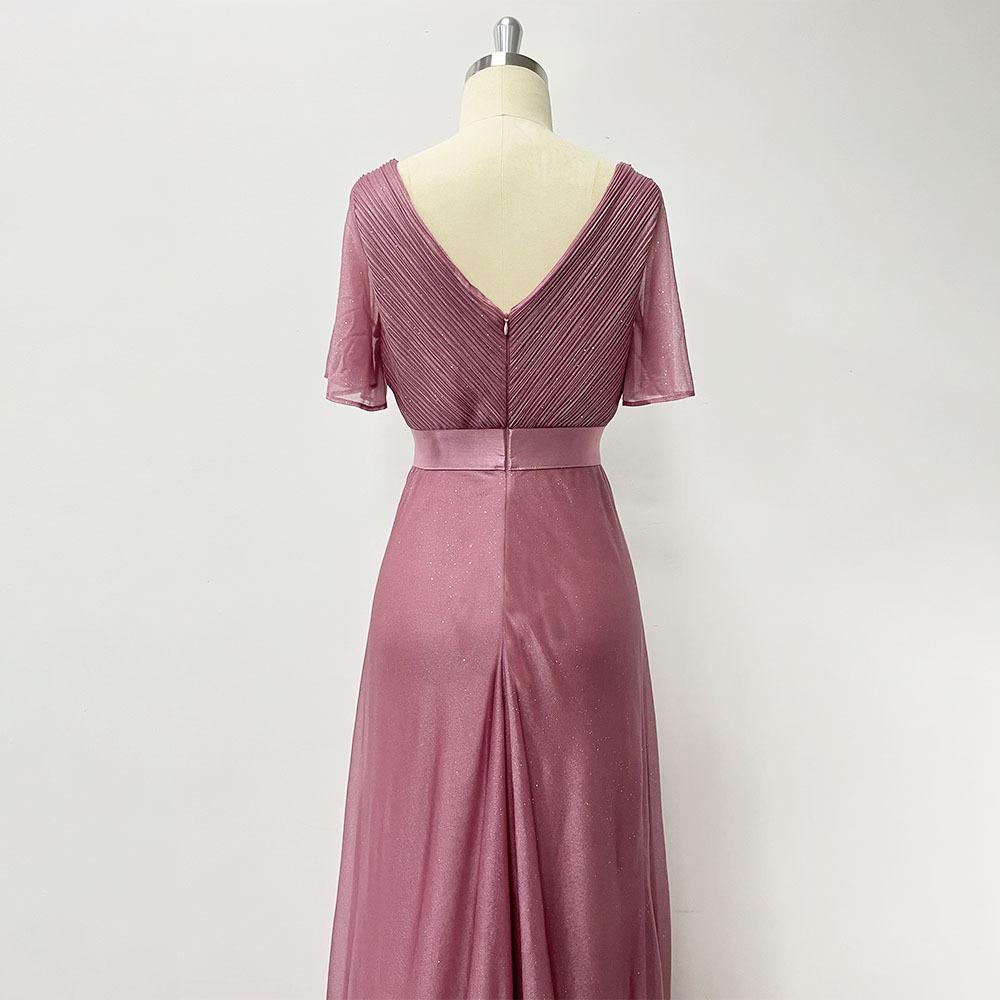 Summer Spring V Neck Flared Sleeve Chiffon Dress Elasticity Plus Size Evening Gown Hand Pleated A Line Bridesmaid Dress