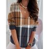 Color Blocked Plaid V-neck Top for Women, Fashionable Contrasting Loose Casual T-shirts