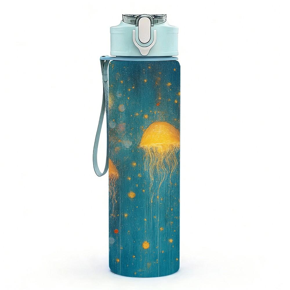 1PC Yellow Jellyfish Deep Ocean Scene Print 750ml Color Plastic Sports Water Bottle Leakproof Flip Straw Lid Suitable for Sports Office Home Use