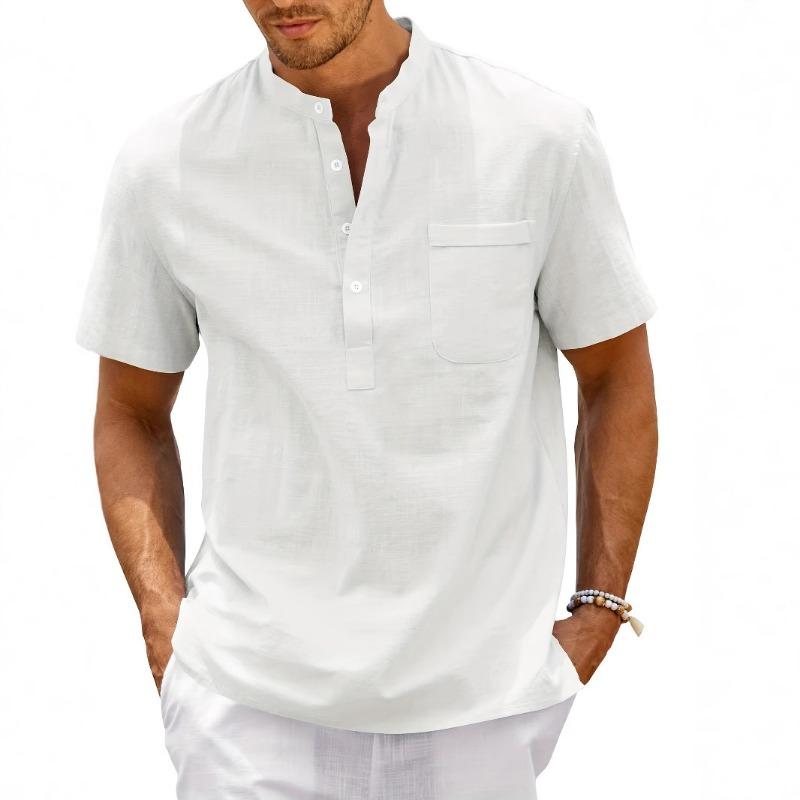 

Men Blend Fabric Solid Color Mandarin Collar Henley Shirt Short Sleeve Casual Vacation Chest Pocket Pullover Top S белый