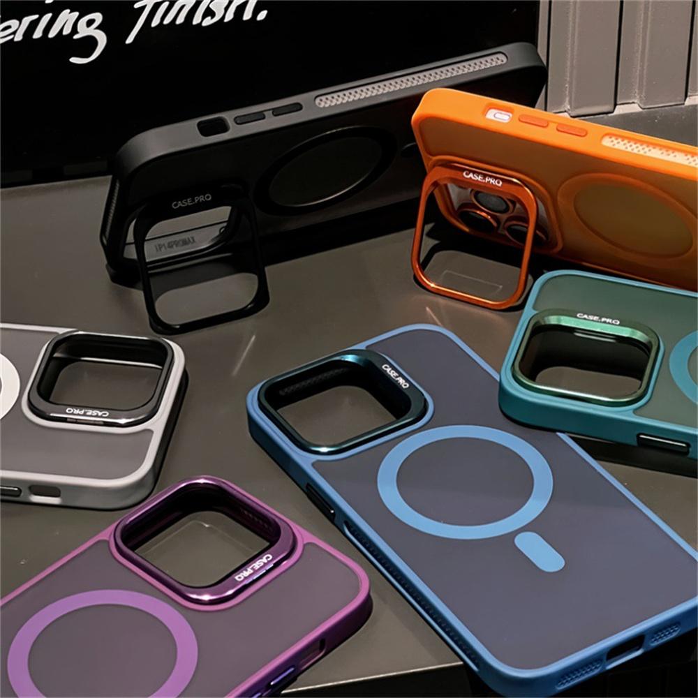 For Magsafe Stand Glass Lens Protection Phone Cases For iPhone 16 15 14 13 12 11 Pro Max Plus Shockproof Matte Magnetic Cover