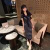 2026 Summer New Korean Striped Contrasting Shawl Crew Neck Short Sleeve Temperament Elegant Dress Women's Medium and Long Dress Tide