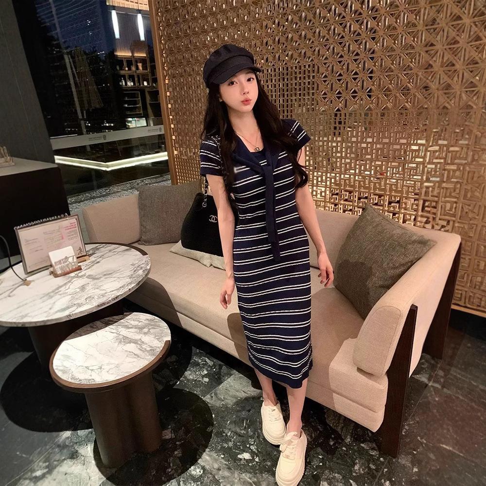 2026 Summer New Korean Striped Contrasting Shawl Crew Neck Short Sleeve Temperament Elegant Dress Women's Medium and Long Dress Tide