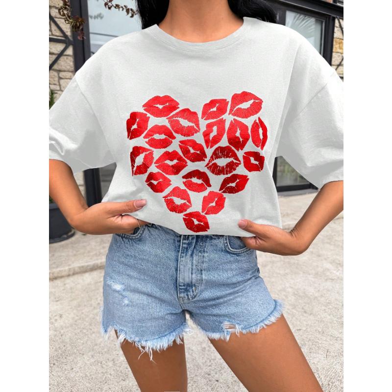 Heart To Heart  Print Casual  Oversized Round Neck T-Shirt